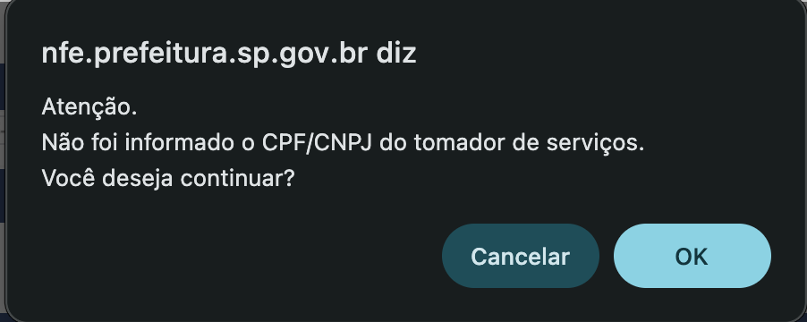 Aviso de CPF ou CNPJ não informado