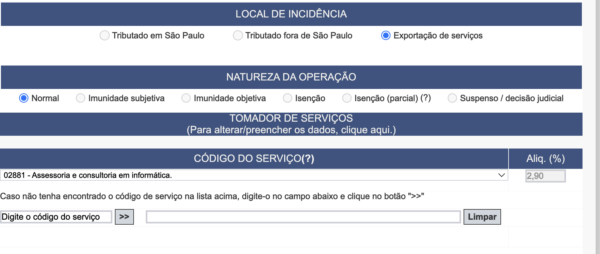 Área Tomador de Serviços para alterar ou preencher os dados