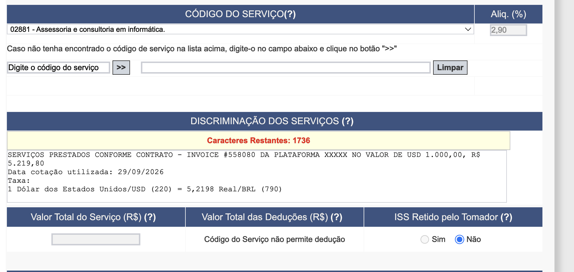Código do serviço e discriminação dos serviços