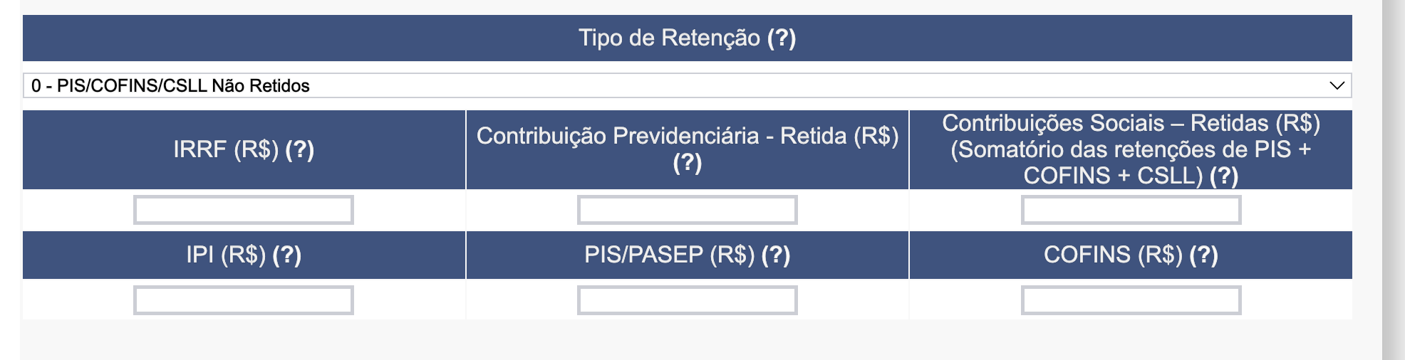 Tipo de retenção sem retenções