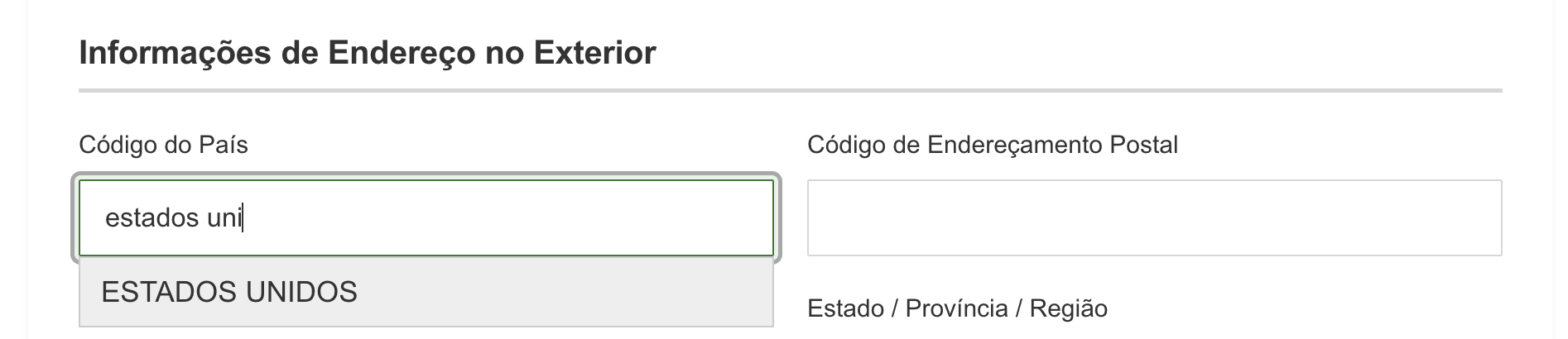 Pesquisa do país no endereço exterior