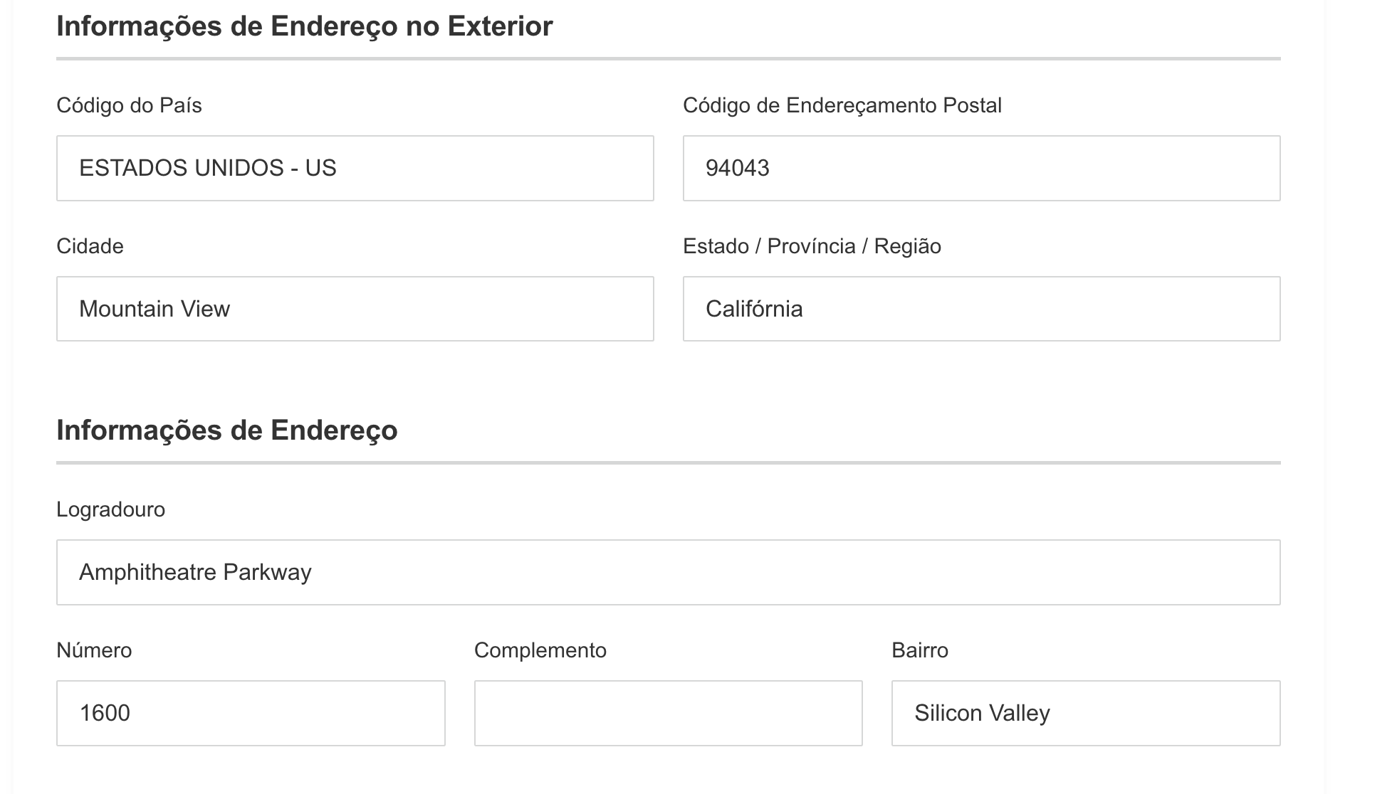 Endereço exterior preenchido
