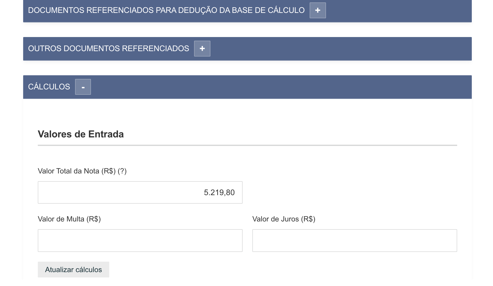 Valor total da nota e botão atualizar cálculos