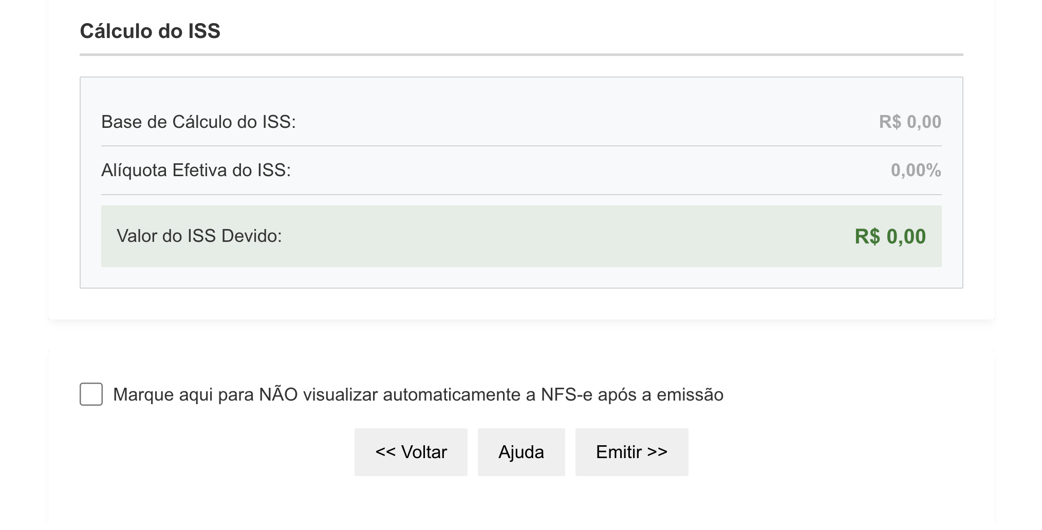 ISS zerado e botão Emitir